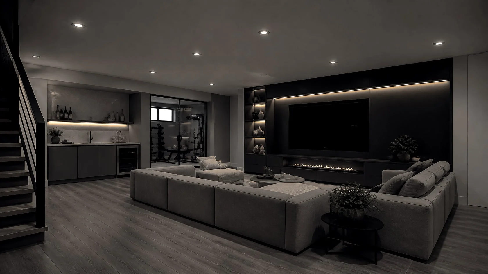 Finished basement lounge with a charcoal media wall, a wet bar and pot lights