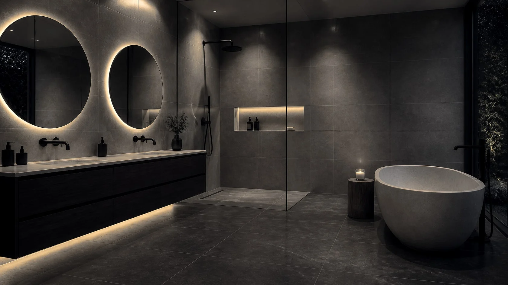 Dark spa bathroom with a walnut double vanity, round backlit mirrors, a glass shower and a freestanding tub