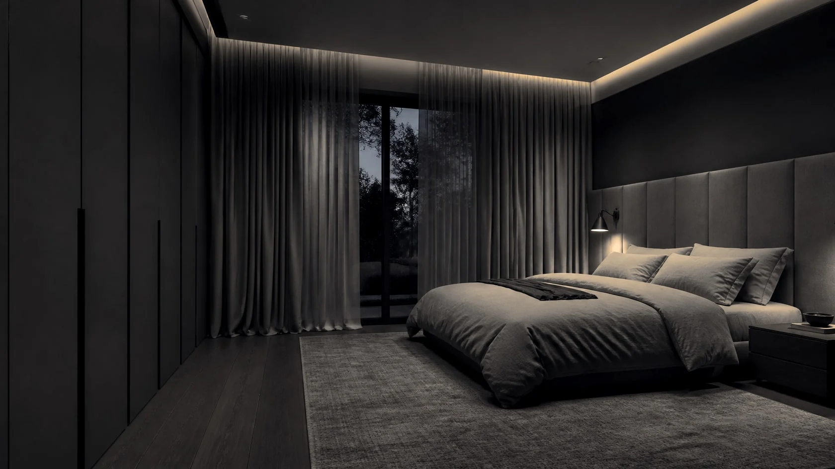 Dark calm bedroom with a low bed, a taupe headboard wall and a warm ceiling cove light