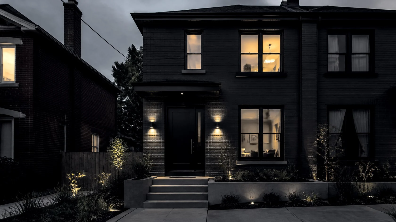 Toronto semi-detached house with charcoal painted brick and warm lights at dusk