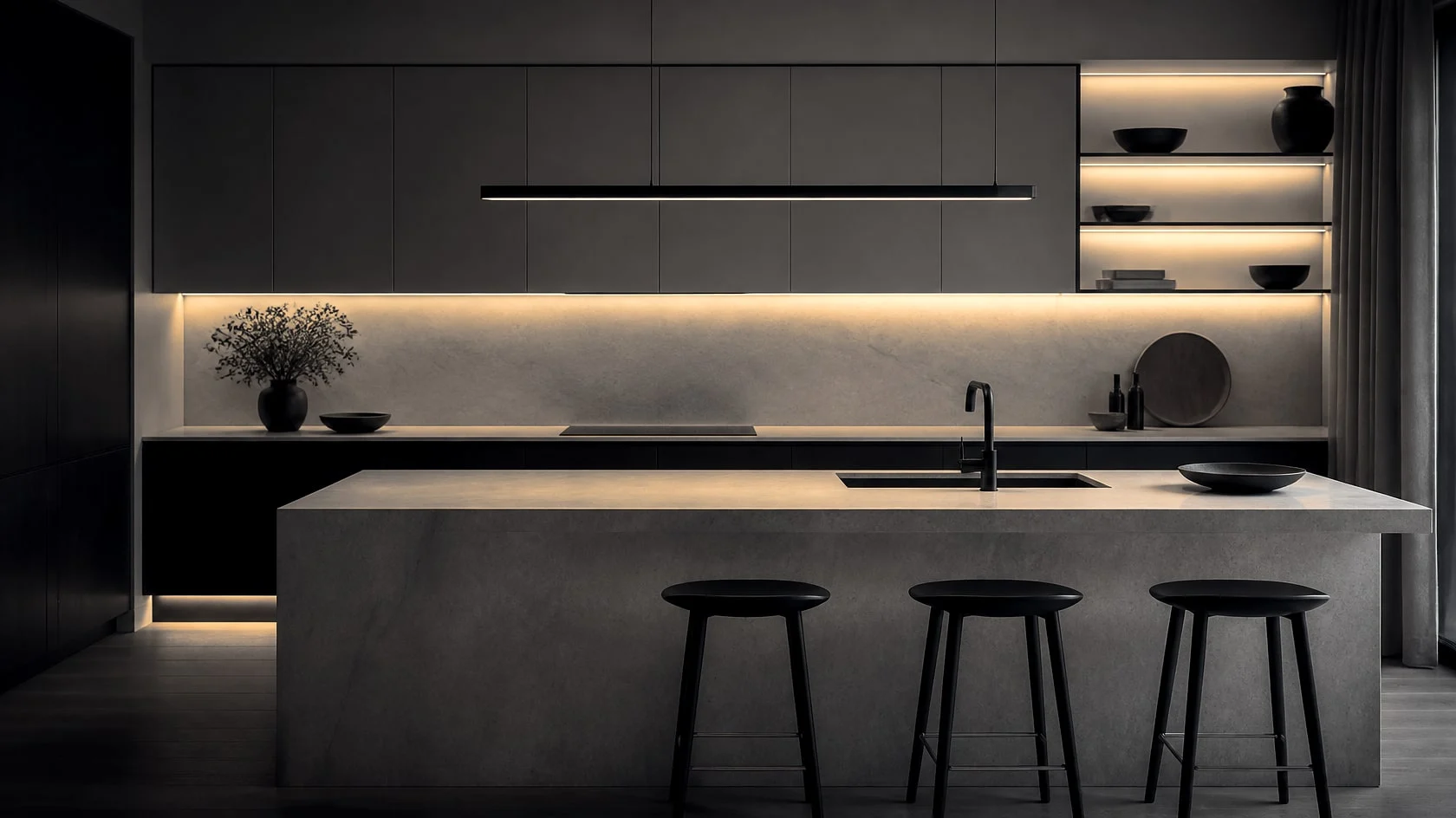 Dark kitchen with flat greige cabinets, a stone island and warm under-cabinet lighting