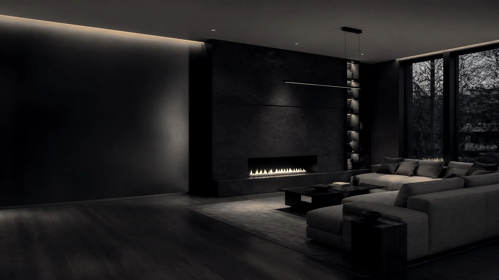 Dark minimalist living room with a linear fireplace and a long greige sofa