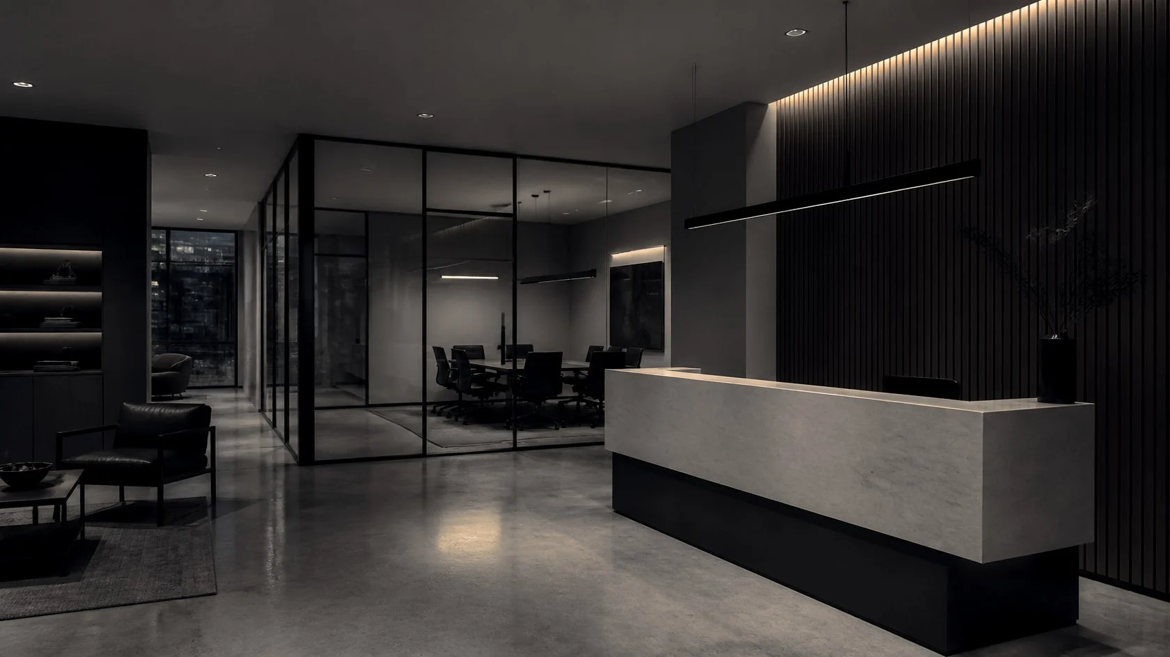 Office reception with a stone desk, black-framed glass partitions and a slatted wood wall