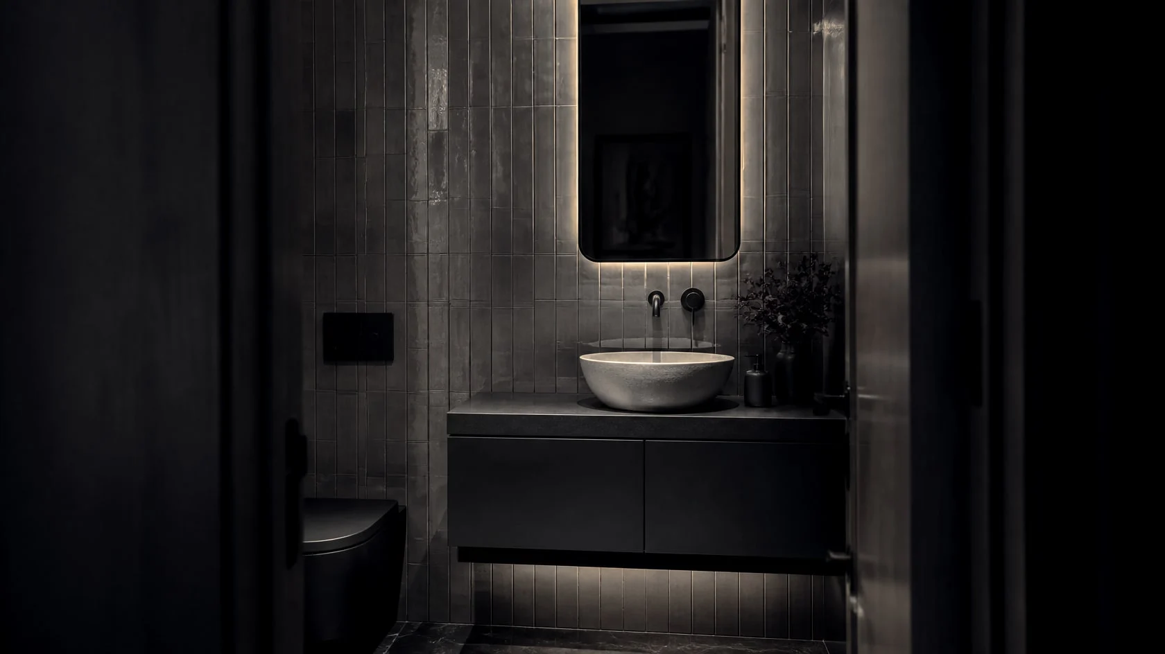 Small dark powder room with a floating vanity, a stone vessel sink and a backlit mirror